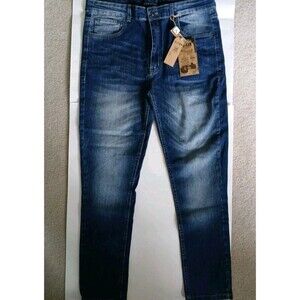 GS115 Men's Streetwear Urban Blue Jean Size 36 Distressed Medium Wash Zip Button